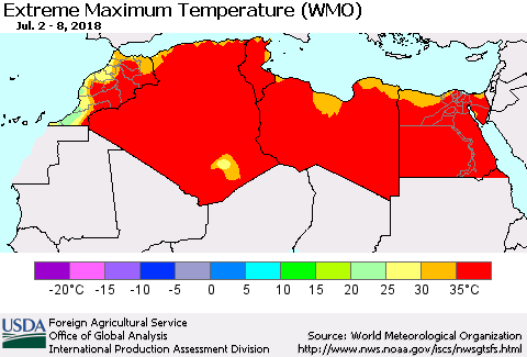 North Africa Maximum Daily Temperature (WMO) Thematic Map For 7/2/2018 - 7/8/2018