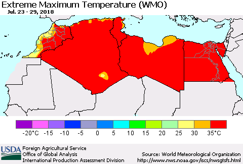 North Africa Maximum Daily Temperature (WMO) Thematic Map For 7/23/2018 - 7/29/2018