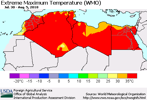North Africa Maximum Daily Temperature (WMO) Thematic Map For 7/30/2018 - 8/5/2018