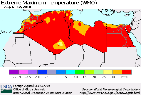 North Africa Maximum Daily Temperature (WMO) Thematic Map For 8/6/2018 - 8/12/2018
