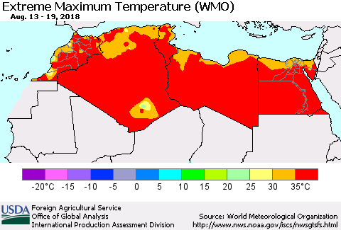 North Africa Maximum Daily Temperature (WMO) Thematic Map For 8/13/2018 - 8/19/2018