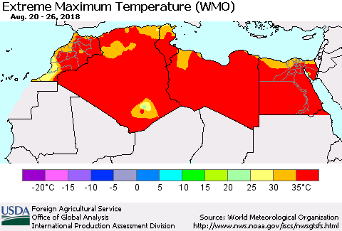 North Africa Maximum Daily Temperature (WMO) Thematic Map For 8/20/2018 - 8/26/2018