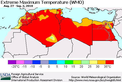 North Africa Maximum Daily Temperature (WMO) Thematic Map For 8/27/2018 - 9/2/2018