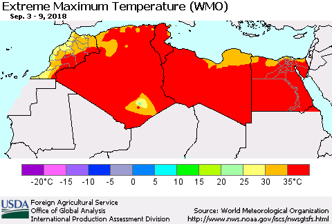 North Africa Maximum Daily Temperature (WMO) Thematic Map For 9/3/2018 - 9/9/2018