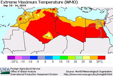 North Africa Maximum Daily Temperature (WMO) Thematic Map For 9/10/2018 - 9/16/2018