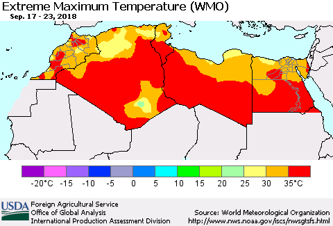 North Africa Maximum Daily Temperature (WMO) Thematic Map For 9/17/2018 - 9/23/2018