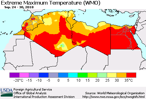 North Africa Maximum Daily Temperature (WMO) Thematic Map For 9/24/2018 - 9/30/2018