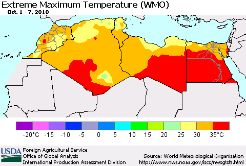 North Africa Maximum Daily Temperature (WMO) Thematic Map For 10/1/2018 - 10/7/2018
