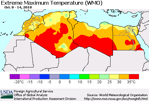 North Africa Maximum Daily Temperature (WMO) Thematic Map For 10/8/2018 - 10/14/2018