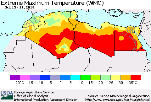 North Africa Maximum Daily Temperature (WMO) Thematic Map For 10/15/2018 - 10/21/2018
