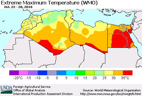 North Africa Maximum Daily Temperature (WMO) Thematic Map For 10/22/2018 - 10/28/2018