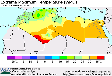 North Africa Maximum Daily Temperature (WMO) Thematic Map For 10/29/2018 - 11/4/2018