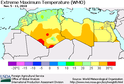 North Africa Maximum Daily Temperature (WMO) Thematic Map For 11/5/2018 - 11/11/2018