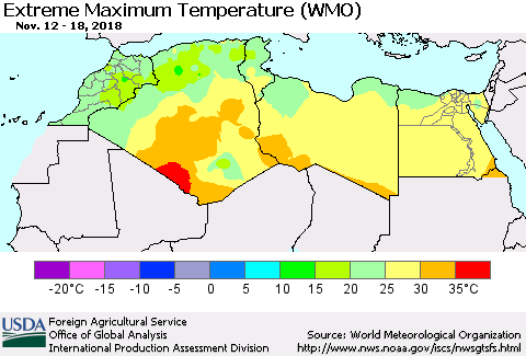 North Africa Maximum Daily Temperature (WMO) Thematic Map For 11/12/2018 - 11/18/2018