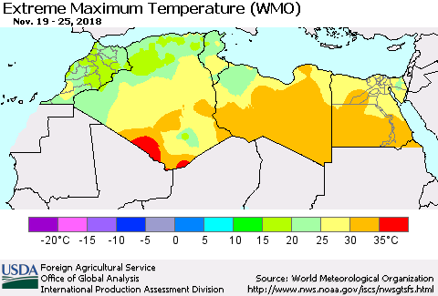 North Africa Maximum Daily Temperature (WMO) Thematic Map For 11/19/2018 - 11/25/2018