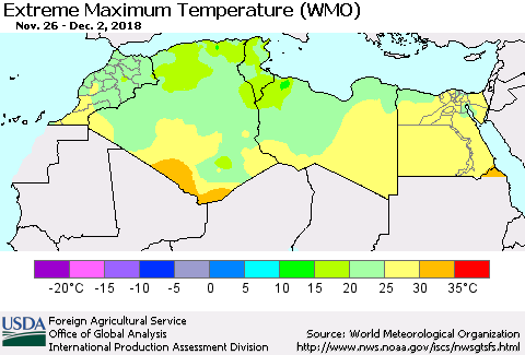 North Africa Maximum Daily Temperature (WMO) Thematic Map For 11/26/2018 - 12/2/2018