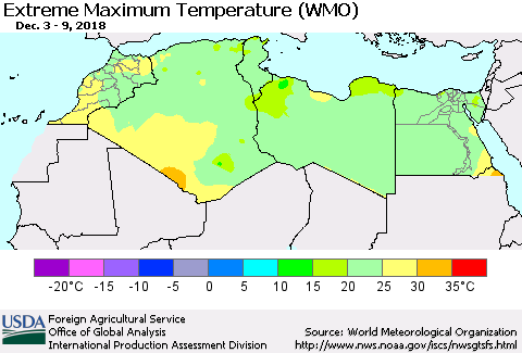 North Africa Maximum Daily Temperature (WMO) Thematic Map For 12/3/2018 - 12/9/2018