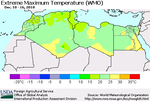 North Africa Maximum Daily Temperature (WMO) Thematic Map For 12/10/2018 - 12/16/2018