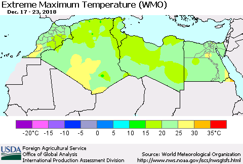North Africa Maximum Daily Temperature (WMO) Thematic Map For 12/17/2018 - 12/23/2018