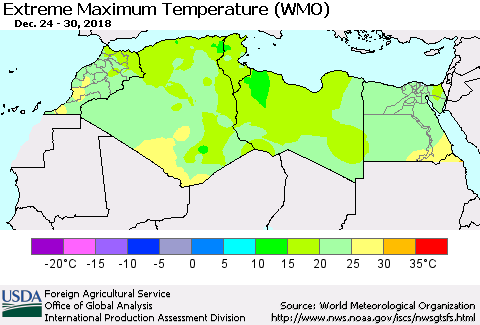 North Africa Maximum Daily Temperature (WMO) Thematic Map For 12/24/2018 - 12/30/2018