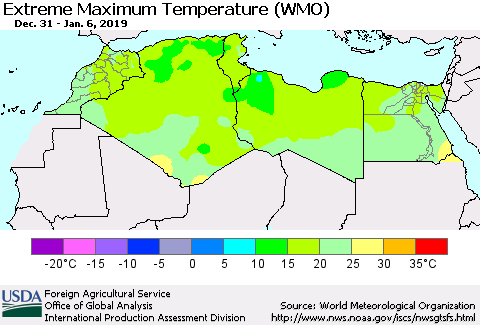 North Africa Maximum Daily Temperature (WMO) Thematic Map For 12/31/2018 - 1/6/2019