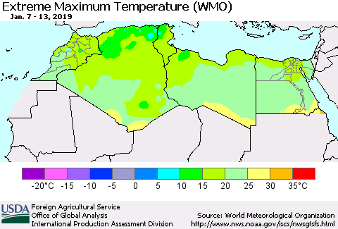 North Africa Maximum Daily Temperature (WMO) Thematic Map For 1/7/2019 - 1/13/2019