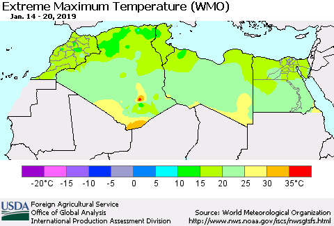 North Africa Maximum Daily Temperature (WMO) Thematic Map For 1/14/2019 - 1/20/2019