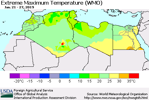 North Africa Maximum Daily Temperature (WMO) Thematic Map For 1/21/2019 - 1/27/2019