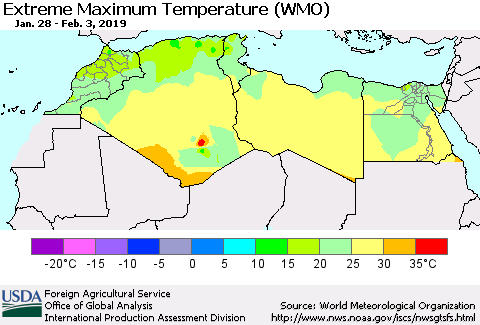 North Africa Maximum Daily Temperature (WMO) Thematic Map For 1/28/2019 - 2/3/2019