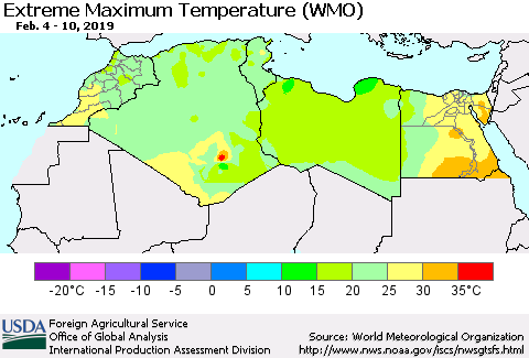 North Africa Maximum Daily Temperature (WMO) Thematic Map For 2/4/2019 - 2/10/2019