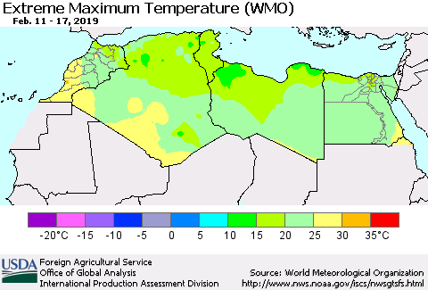 North Africa Maximum Daily Temperature (WMO) Thematic Map For 2/11/2019 - 2/17/2019