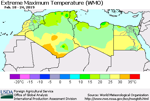 North Africa Maximum Daily Temperature (WMO) Thematic Map For 2/18/2019 - 2/24/2019