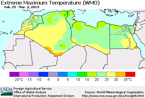 North Africa Maximum Daily Temperature (WMO) Thematic Map For 2/25/2019 - 3/3/2019