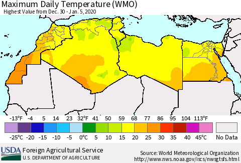 North Africa Maximum Daily Temperature (WMO) Thematic Map For 12/30/2019 - 1/5/2020