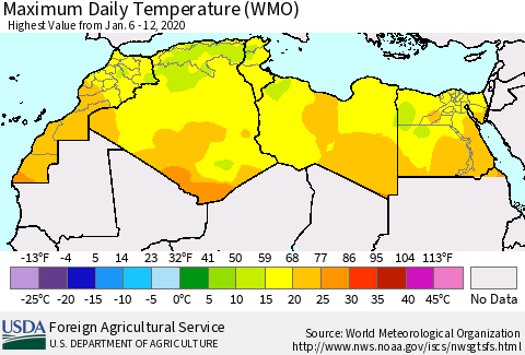 North Africa Maximum Daily Temperature (WMO) Thematic Map For 1/6/2020 - 1/12/2020