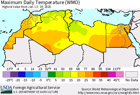 North Africa Maximum Daily Temperature (WMO) Thematic Map For 1/13/2020 - 1/19/2020