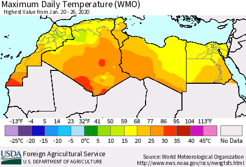 North Africa Maximum Daily Temperature (WMO) Thematic Map For 1/20/2020 - 1/26/2020