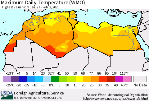 North Africa Maximum Daily Temperature (WMO) Thematic Map For 1/27/2020 - 2/2/2020