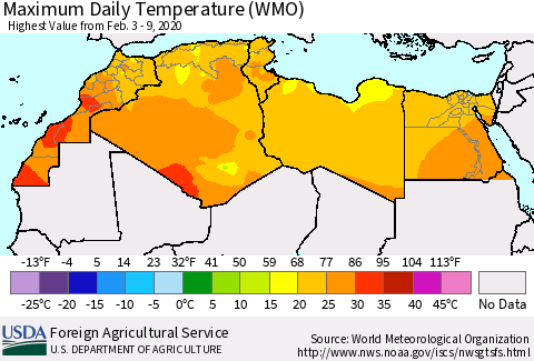 North Africa Maximum Daily Temperature (WMO) Thematic Map For 2/3/2020 - 2/9/2020
