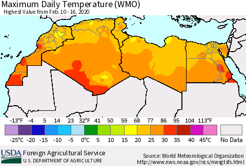 North Africa Maximum Daily Temperature (WMO) Thematic Map For 2/10/2020 - 2/16/2020