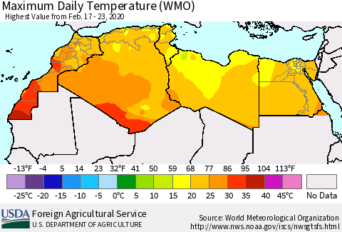North Africa Maximum Daily Temperature (WMO) Thematic Map For 2/17/2020 - 2/23/2020