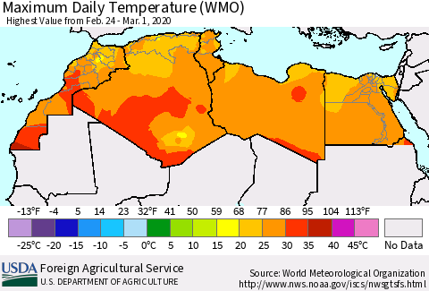 North Africa Maximum Daily Temperature (WMO) Thematic Map For 2/24/2020 - 3/1/2020