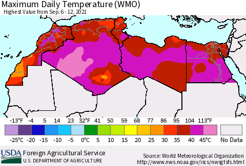 North Africa Maximum Daily Temperature (WMO) Thematic Map For 9/6/2021 - 9/12/2021