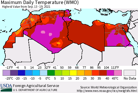 North Africa Maximum Daily Temperature (WMO) Thematic Map For 9/13/2021 - 9/19/2021