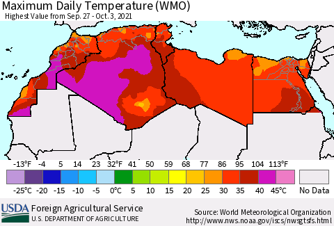 North Africa Maximum Daily Temperature (WMO) Thematic Map For 9/27/2021 - 10/3/2021