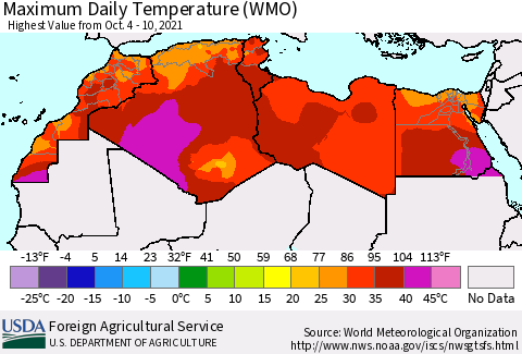 North Africa Maximum Daily Temperature (WMO) Thematic Map For 10/4/2021 - 10/10/2021