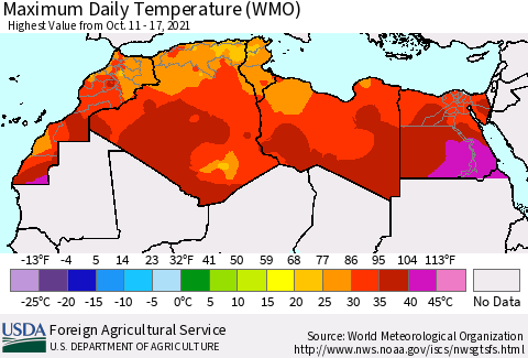 North Africa Maximum Daily Temperature (WMO) Thematic Map For 10/11/2021 - 10/17/2021