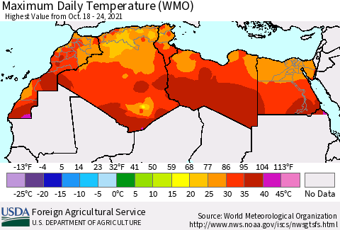 North Africa Maximum Daily Temperature (WMO) Thematic Map For 10/18/2021 - 10/24/2021