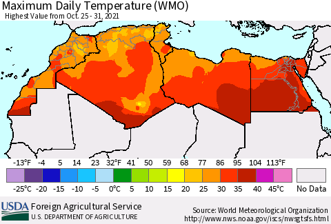 North Africa Maximum Daily Temperature (WMO) Thematic Map For 10/25/2021 - 10/31/2021