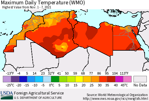 North Africa Maximum Daily Temperature (WMO) Thematic Map For 11/1/2021 - 11/7/2021